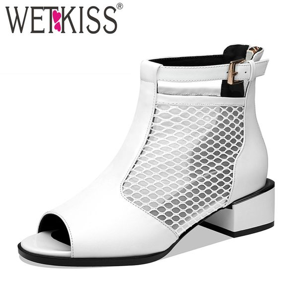 

wetkiss cow leather ankle boots women peep toe zip footwerar thick med heels shoes lady mesh shoes woman spring 2019 new, Black
