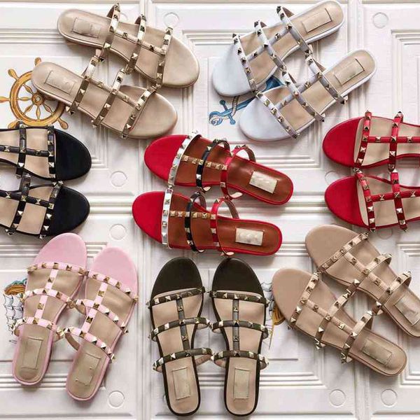 

genuine leather flip flop slippers rivet women girl lady lover scuffs moccasins white black red luxury fashion pu knite shoes