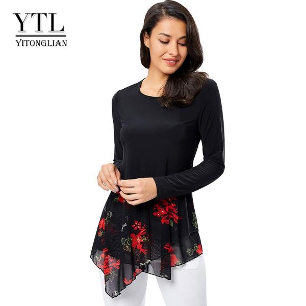 

yitonglian women long sleeve tunic elegant flower print irregular layered long blouse shirt plus size 6xl 7xl 8xl h349, White