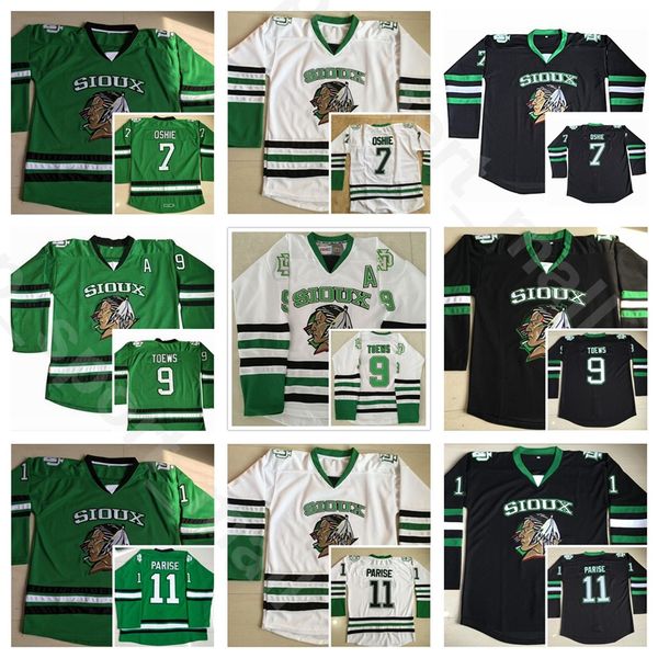 

north dakota fighting sioux jerseys vintage college 9 jonathan toews 11 zach parise 7 tj oshie ice hockey home black green white away