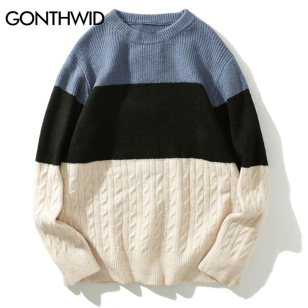 

gonthwid color block striped knitted sweaters 2019 men pullover knitwear jumper sweaters fashion casual crewneck sweater, White;black
