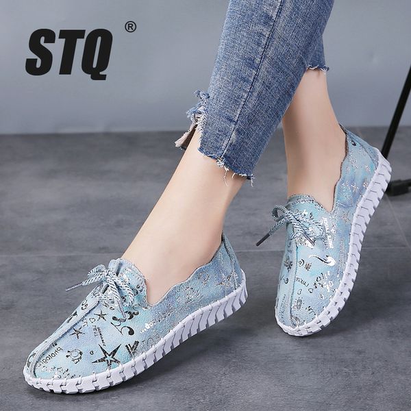 

stq autumn women flats loafers shoes genuine leather flats female shoes lace up loafers casual slip on walking 7760, Black