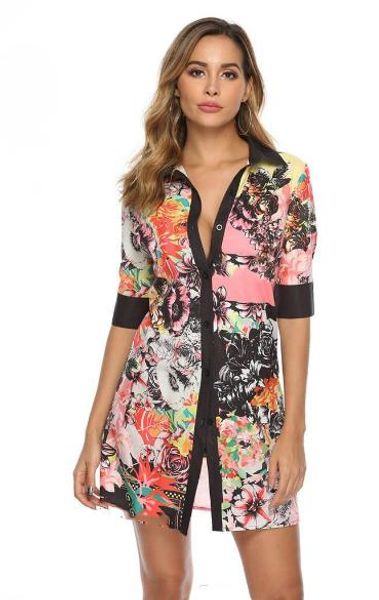 

summer lapel neck womens shirt dresses fashion short sleeve floral print ladies dresses with button female clothing, Black;gray