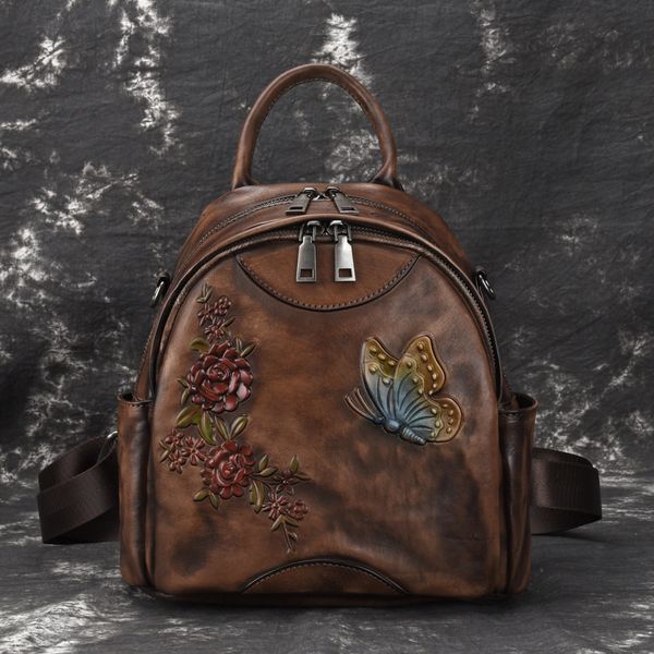 

natural skin women backpack brush color knapsack travel bag embossed retro girls daypack genuine leather rucksack