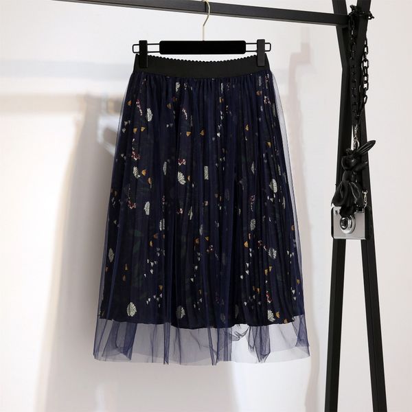 

2xl-6xl summer plus size tulle skirts women casual floral print pleated skirts 2019 big size falda elastic waist mesh long skirt, Black
