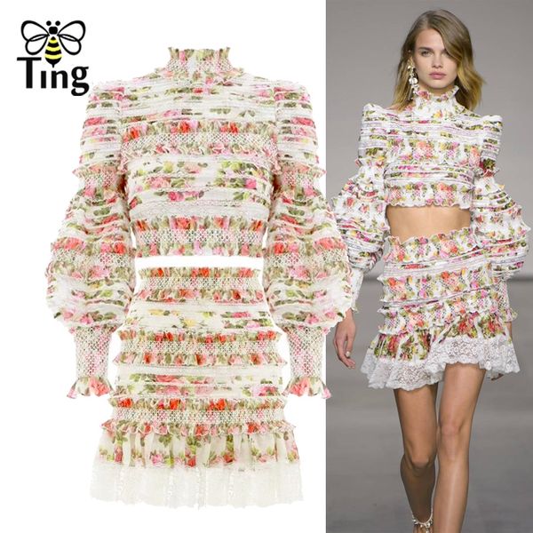 Ting Designer Runway Women Two Pieces Sets Floral Ruched Ruffles Crop Top & Lace Patchwork Mini Skirt Casual Women Sets Chic