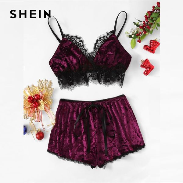 

shein burgundy women pajamas sets lace silk satin pajamas summer new lingerie women spaghetti strap sleeveless nightwear, Black;red