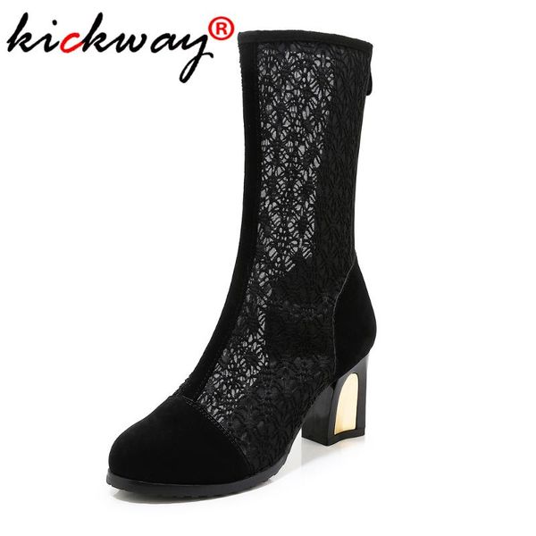 

high heels summer boots women round toe mesh footwear zipper boot female lace shoes woman 2020 summer new plus size 34-43, Black