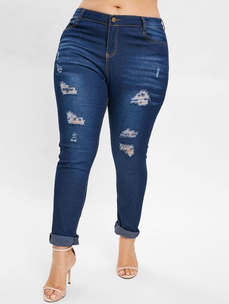 

wipalo plus size high waist pockets ripped jeans women pants new fashion skinny pencil pants denim trousers ladies clothes, Blue