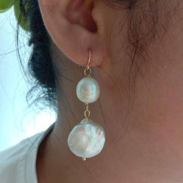

women's white coin keshi pearl rice pearl hook earrings, Golden