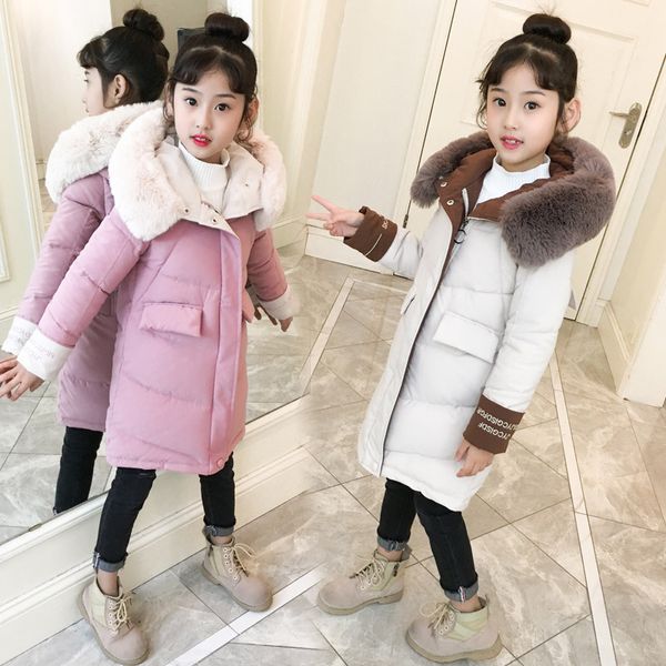 

2019 new fashion children winter jacket girl winter coat kids warm thick fur collar hooded long down coats for teenage 4y-14y, Blue;gray