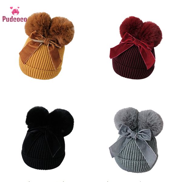 

children infant beanie cap bonnet casquette enfant baby stuff double pompom hat winter knitted kids baby girl hat warm thicker, Yellow