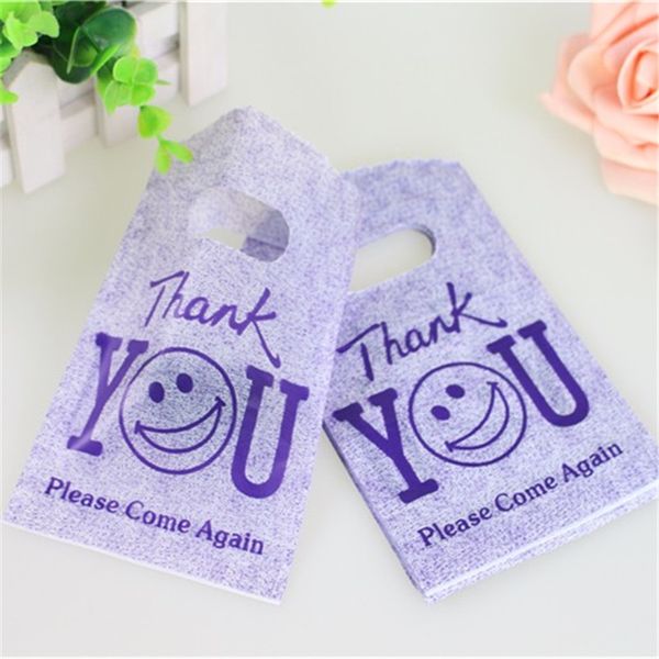 

new design wholesale 50pcs/lot 9*15cm purple mini plastic boutique packing small plastic gift bags with thank you