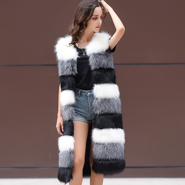 

wipalo elegant faux fur overcoat women winter warm faux fur coat v-neck sleeveless female jacket long style women vest, Black