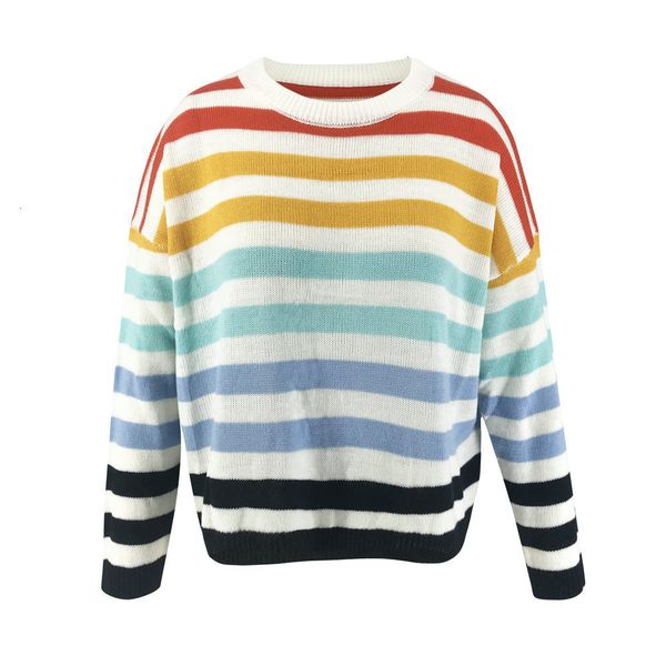 

fashion long sleeve ladies sweaters o-neck knitting pullover loose sweaters 2019 autumn women's colorful striped sweaters, White;black