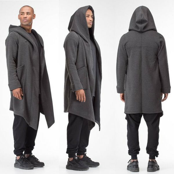 

uk men women cardigan hooded cloak cape coat long jacket trench outwear overcoat solid color hooded long cardigan coat, Black;brown