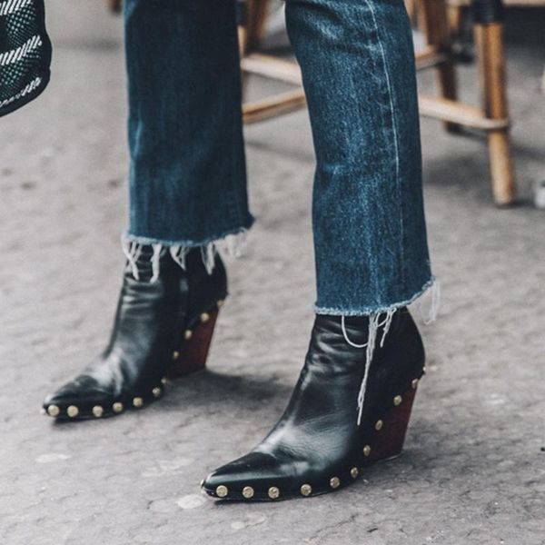 

women leather boots rivets punk style cowboy ankle boots point toe high heel vintage ladies shoes western style motorcycle shoes, Black