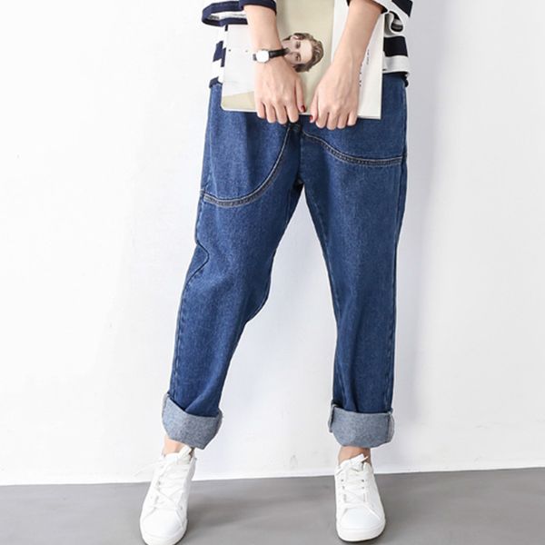 

plus size jeans female 2019 loose ankle-length pants for women black elastic high waist woman denim harem pants femme trousers, Blue