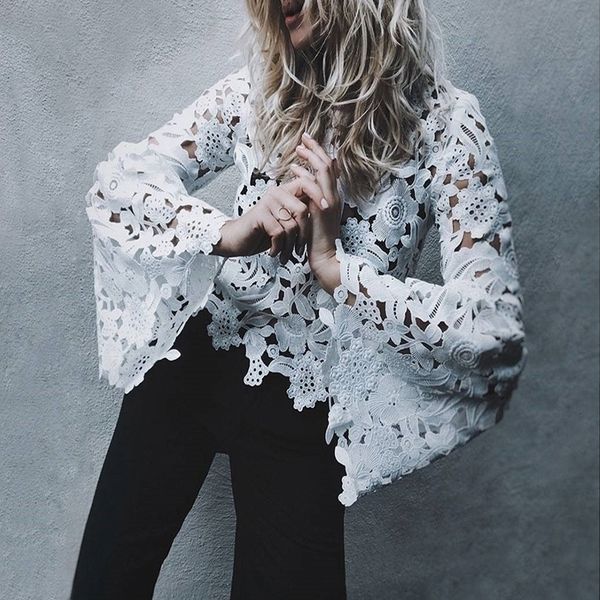 

designer blouses for women elegant lace women ladies new hollow out flare long sleeves female blouses casual blouse top, White
