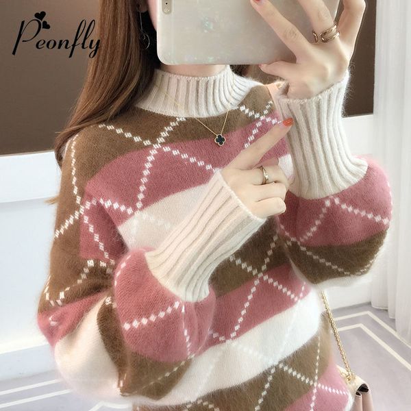 

peonfly 2019 autumn winter new argyle pullovers sweaters women elegant soft knitted turtleneck long sleeve sweater female, White;black