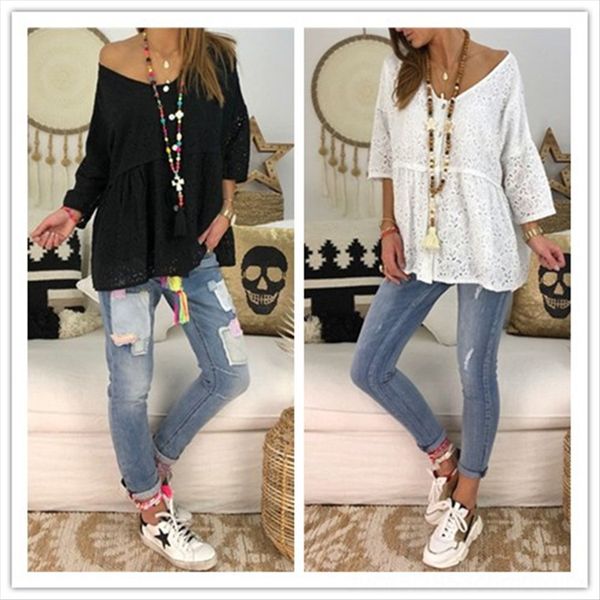 

2019 large size women's pure color 2019 large size women's pure color t-shirt lace lace t-shirt, White