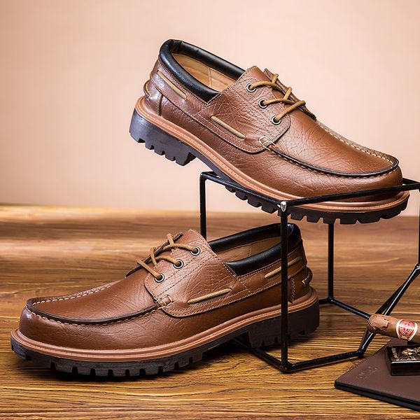 

genuine leather shoes men brand footwear thick sole fashion cowhide slip-on casual shoes male business boat, Black