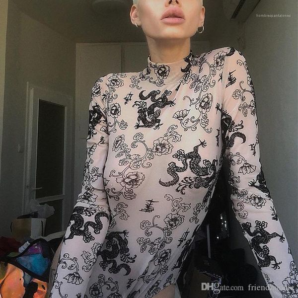 

perspective jumpsuits designer long sleeve skinny clothing street style shorts night club rompers womens dragon pattern, Black;white