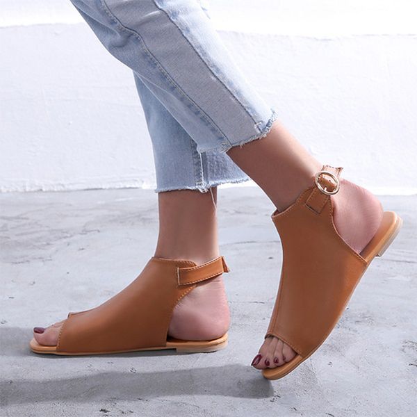 

sandals woman peep toe ladies buckle strap casual female beach shoes women's solid footwear women fashion flats plus size 43, Black