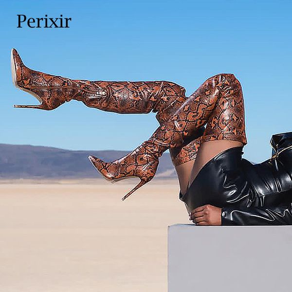

perixir thigh high over the knee boots for women shoes snakeskin pointed toe super thin high heels long boots bottine femme, Black