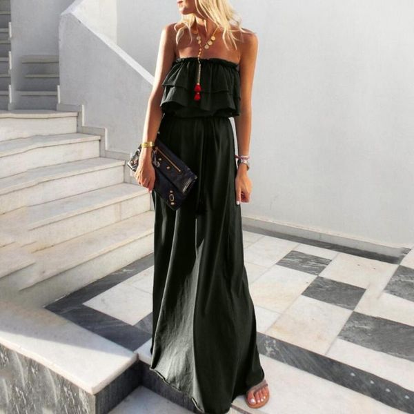 

casual ruffles solid dress women elegant strapless long dress sleeveless army green women vestidos#z30, Black;gray
