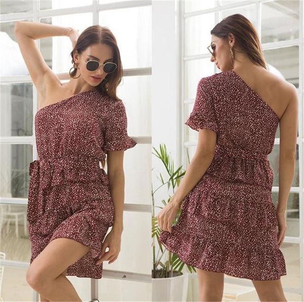 

dresses summer floral printed one shoulder ladies dresses casual skinny female dresses with sashes chiffon womens pleated, Black;gray