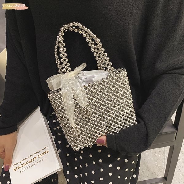 

handmade pearl bag women handbags small box party vintage shoulder bag female handle purse evening bags black silver