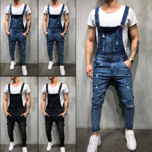 

fashion men's ripped skinny jeans destroyed frayed slim fit denim pant zipper men casual pants overalls clothing male, Black
