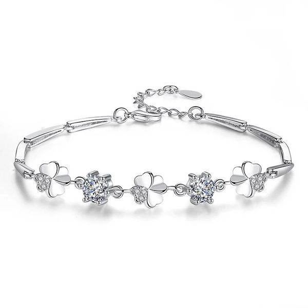 Zirkon-Klee-Armbänder, 925er-Silber, Charms-Armbänder für Frauen, lila, blau, Strass, Blätter, Dame, Mädchen, Weißgold, platinierter Schmuck