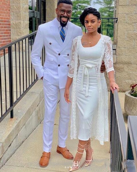 

2019 White Summer Two Pieces Lace Wedding Dresses Sheath with Warp Scoop Neck Short Bridal Gowns Plus Size custom Long Wedding Party Gowns