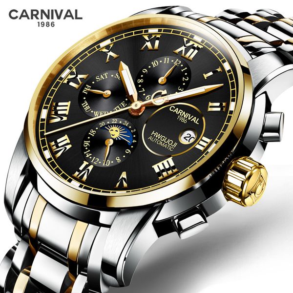 

relogio masculino carnival mechanical watch men waterproof luminous automatic moon phase week month date wristwatch, Slivery;brown