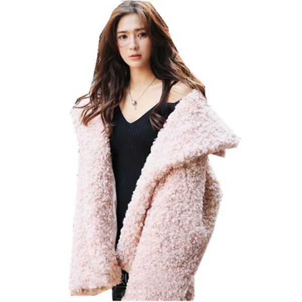 

2018 women winter sweet pink curly circle hairy shaggy faux sheep fur coat turn-down collar oversized jacket, Black