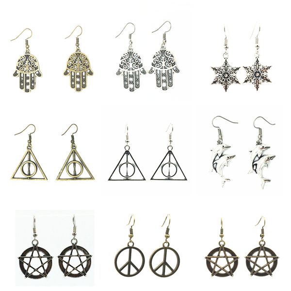 

2019 new fashion vintage retro bijoux peace snowflake anchors hand triangle dolphin dangling drop earrings for women jewelry, Silver