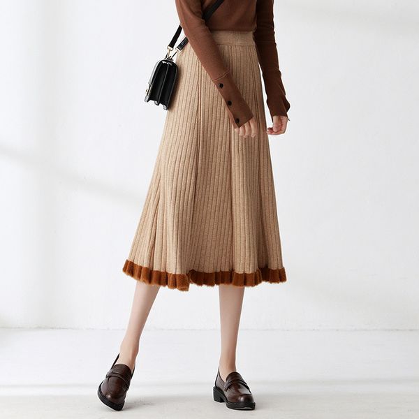 

2019 autumn kintted skirt women fashion elastic high waist pleated skirts femme faldas saia midi skirt jupe femme high street, Black