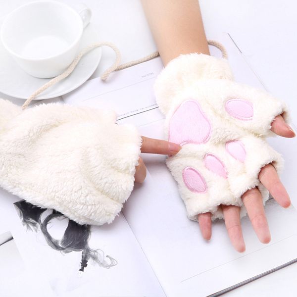 

1 pair women girls lovely fluffy bear cat plush claw half finger gloves mitten winter warm fingerless gloves xew, Blue;gray