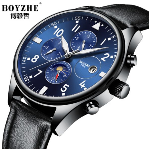 

fashion boyzhe men automatic mechanical watch brand casual leather moon phase luminous sports watches relogio masculino, Slivery;brown