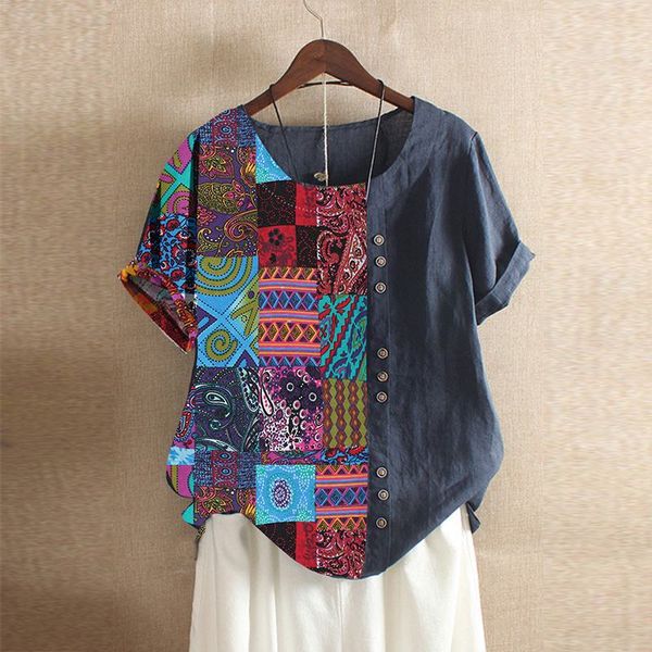 

casual printed women's patchwork blouse 2019 vintage summer short sleeve tee shirts female o neck blusas plus size tunic, White