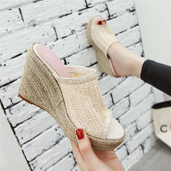 

platform wedge mules shoes women high heels 2020 espadrilles wedges shoes for women peep toe summer large size  41 42 43, Black