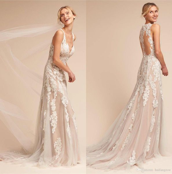 

vintage bhldn wedding dress v neck lace applique bridal gowns sweep train custom made wedding dresses, White
