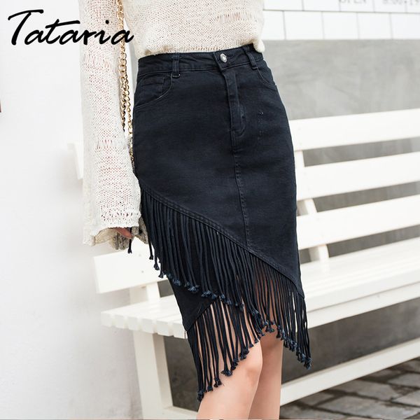 

tataria tassel irregular denim skirt women high waist denim skirt personality knee-length elegant pencil skirts, Black