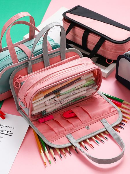 

simple large capacity transparent pencil bag multifunctional multi-layer waterproof oxford cloth handbag pencil bag zipper