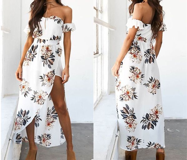 

женщины лето с плеча цветочный принт высокая талия пляж праздничная вечеринка повседневная boho мода sexy white maxi split dress, Black;gray