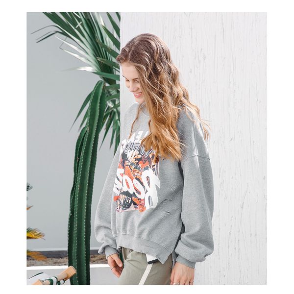 

Women Designer Fashion Hoodies 2019 New Arrival Casual Worn-out Print Crew Neck Hoodie Ladies Luxury Solid Color Hoodies 4 Style