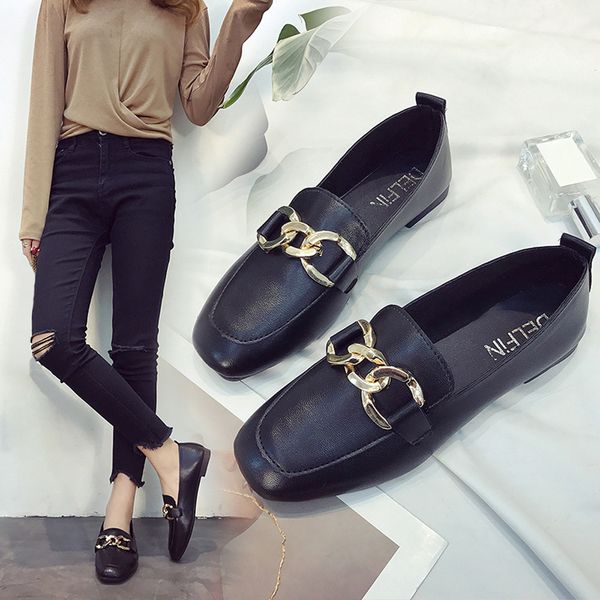 

15#women retro flat heel shallow mouth solid color casual shoes flat shoes, Black