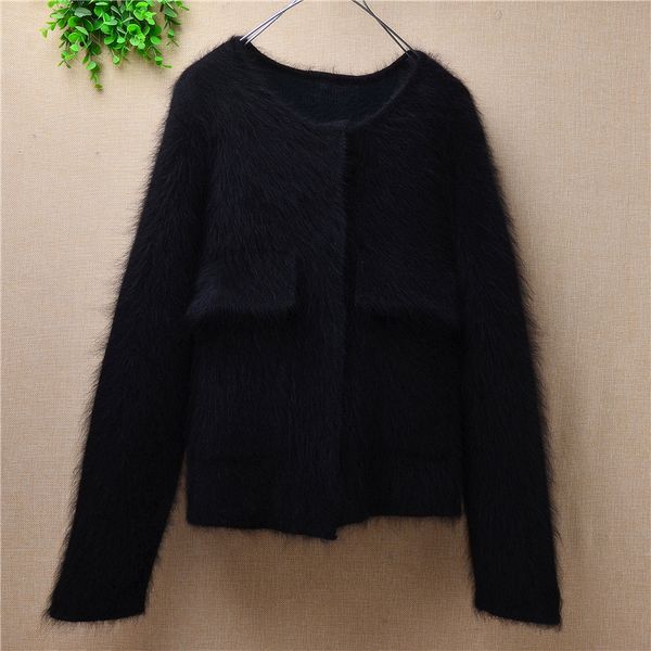 

mujer femme thick warm winter mink cashmere cardigans with pockets angora fur long sleeve short sweater coat jacket mantle, White